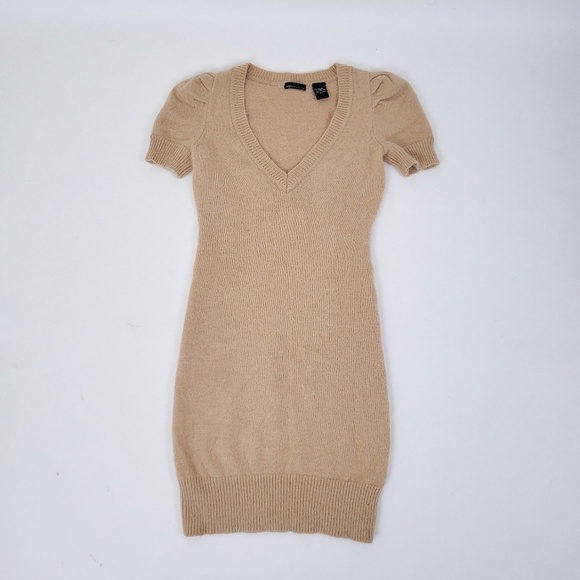 Vintage Dresses & Skirts - *Free with Purchase* Angora Puff Sleeve Mini Dress Tan V-neck Soft